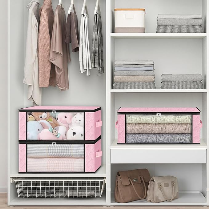 HomeHacks Storage 8-Pack Clothes Organizer Storage Bags Foldable Storage Box with Large Clear Window Sturdy Handles for Closet, Dorm, Pillows, Bedding, Clothes, Blankets, 35L, Pink