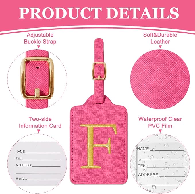 Personalized Initial Luggage Tags for Suitcases,Leather Letter Cute Luggage Tags with Privacy Name Card,Embroidered Monogrammed Travel Bag Backpack Tag Gifts for Women Kids Girls Teens(Rosered-F)