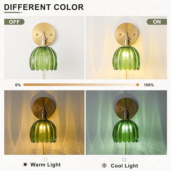 Plug in Wall Sconce, Vintage Sconce Light with Tulip Green Glass Lampshade, Bedside Wall Sconce with Switch and Plug in Wall Lamp Cord, Gold Wall Light for Bedroom
