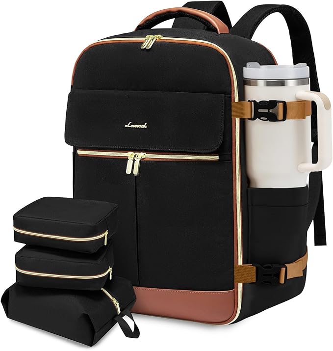 LOVEVOOK Carry On Backpack, 40L Travel Backpack Women with 3 Packing Cubes, TSA Airline Approved Suitcase Bag as Personal Item, Waterproof 17.3 inch Laptop Backpack for Weekender Overnight,Black-Brown