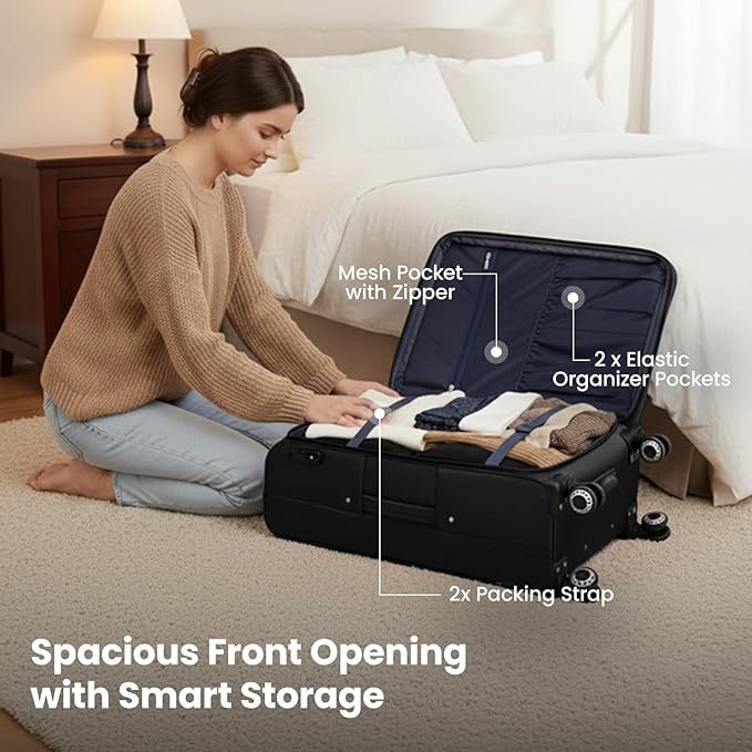 Softside Luggage Sets 2 Piece,Expandable15% Lightweight Durable Suitcase Sets Double Spinner Wheels w/Combination LOCK （Black,20in/26in）