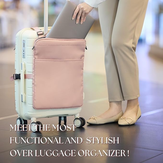 BAREFOOT CARIBOU Over Luggage Organizer for Carry On Bag or Suitcase with Storage Pockets, 16” Laptop Sleeve with Handle, Travel Accessories Bag Slide On Luggage Harness with Adjustable Straps (Pink)