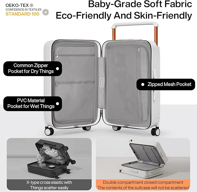 mixi Carry On Luggage Airline Approved 20'' Lightweight Luggage Wide Handle PC Hardshell Suitcases with Spinner Wheels & TSA Lock, Smoke White