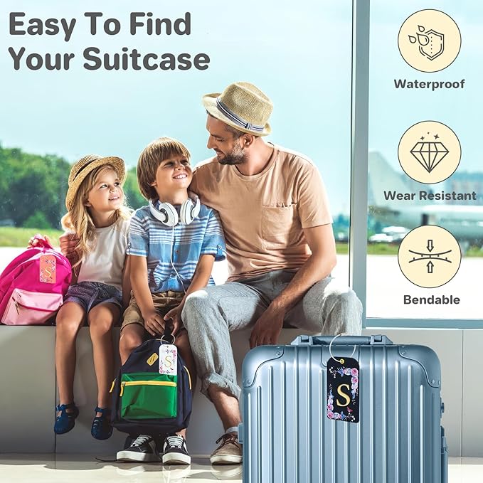 3 Pack Luxury Floral Luggage Tags, Durable PU Leather Suitcase Tags with Stainless Steel Cable Strap, Hidden ID Slot for Privacy Protection, Easy to Identify Waterproof Travel Accessories Gift (S)