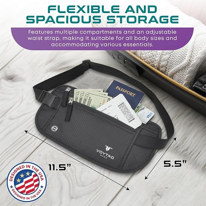 Travel Money Belt & Passport Holder - RFID Blocking Slim Travel Wallet & Fanny Pack for Men and Women - Essential Travel Pouch for Cash, Credit Cards, and Documents (Grey)