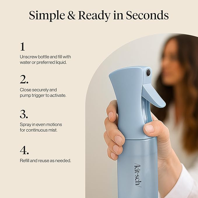 Kitsch Continuous Spray Bottle for Hair – Fine Mist Water Mister & Water Spray Bottle – Recycled Hair Spray Bottle – Spray Bottles for Cleaning, Styling, Plants & More – Haze Blue, 150ml