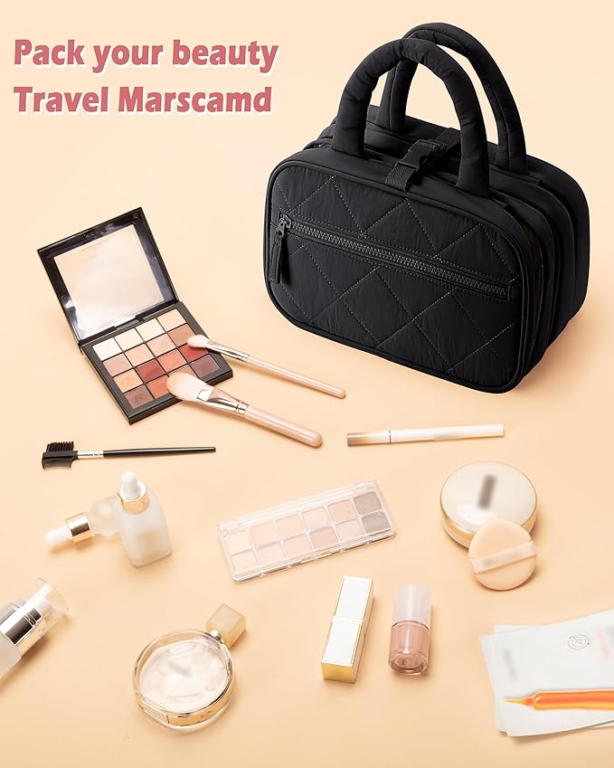Travel Toiletry Bag for Women with Hanging Hook, Puffy Makeup Organizer with Brushes Slots for Bathroom, Shower and Beauty Essentials, Black