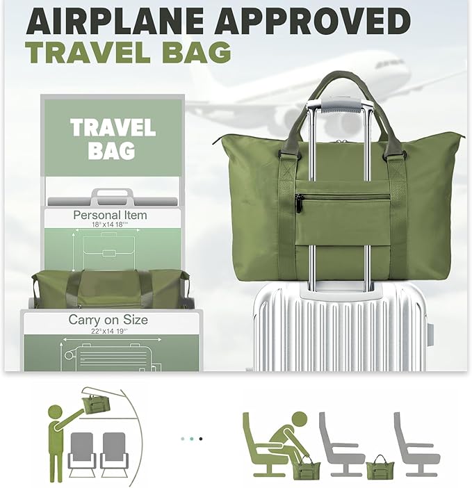 Travel Duffle Bag, Weekender Travel Bag Men Small Gym Bag for Women, Hospital Bag for Labor and Delivery, Overnight Bag Luggage Bag with Trolley Sleeve, Airplane Travel Essentials for Flying(Green)