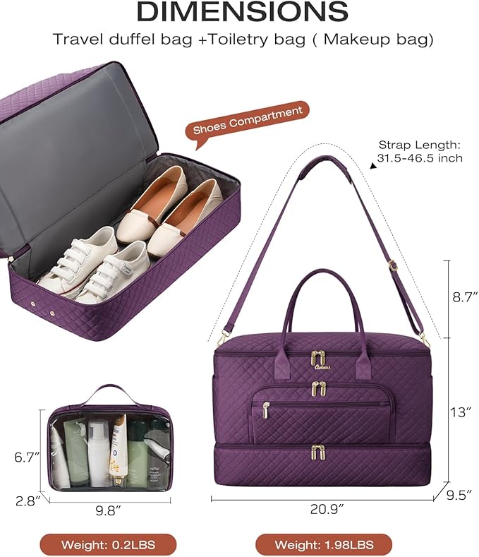Travel Duffle Bag, Wide Open Large Weekender Bag for Women with Shoe Compartment, Carry on Overnight Bags with Toiletry Bag, Hospital Bag for Women Labor Delivery with Wet Pocket (Dark Purple)