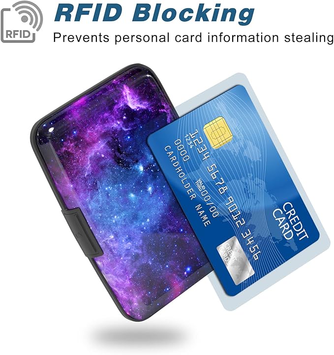 Credit Card Holder, Mini Aluminum Card Wallet RFID Blocking Slim Metal Hard Card Case for Women Men, Galaxy