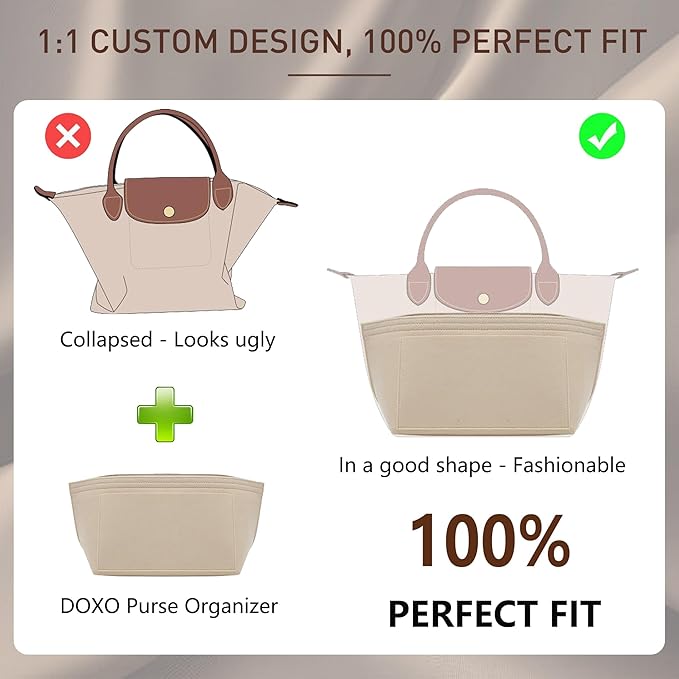 Doxo Purse Organizer Insert for Longchamp Le Pliage Tote, Large Bag Organizer with 8 Compartments, YKK Zipper Pocket Cup Holder, Handbag Shaper for Women, Fits Original/Green/Energy L Tote (Beige, WL)