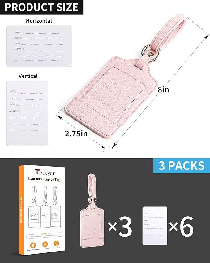 3 Pack Luggage Tags - Quick Install, Privacy Protection, Airplane Travel Essentials for Suitcases, Durable Leather - Lichee Light Pink