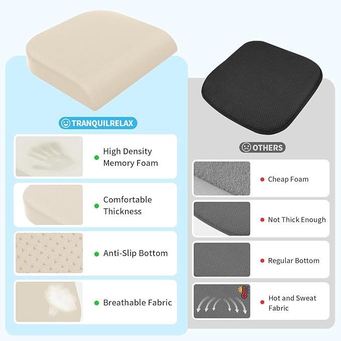 XLarge Seat Cushion, Memory Foam Cushion for Long Sitting Hours on Office Chair, Home & Car, Non-Slip Chair Pad for Relieving Back & Sciatica & Hip & Coccyx Pain (Khaki)