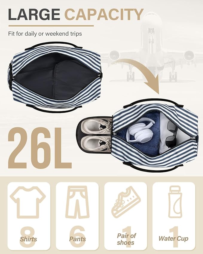 Travel Duffle Bag for Women Large Weekender Overnight Bags Gym Bag with Shoe Compartment Waterproof Hospital Bag Carry On Tote Bag for Airplanes,Blue Stripe