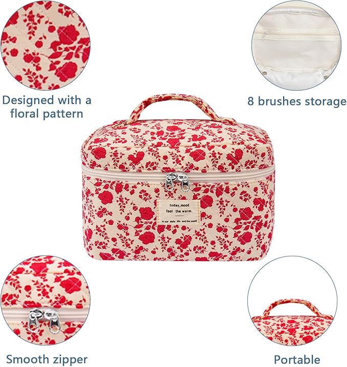Large Makeup Bag, Cute Cosmetic Bag for Women Girls, Floral Coquette Aesthetic Toiletry Bag, Travel Make Up Organizer Bag (Pink Rose)