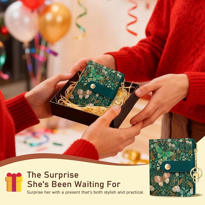 Jogjam Butterfly Green Rfid Women Wallet, Small Slim Thin Compact Credit Card Wallet, PU Leather Bifold Cash Wallet, Zipper Coin Pocket ID Window, Female Ladies Girl Gifts