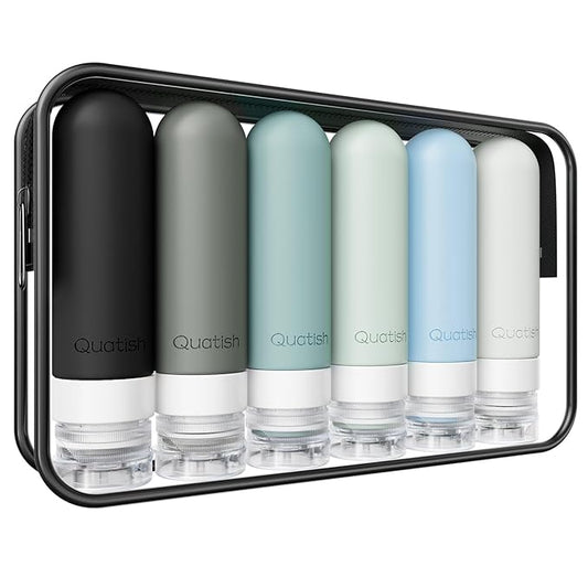 Quatish Travel Bottles for Toiletries 6 Pack, Original Patented Leakproof 3 oz Tsa Approved Travel Size Containers, BPA Free Silicone Shampoo and Conditioner Bottles, Cruise Camping Essentials, Black