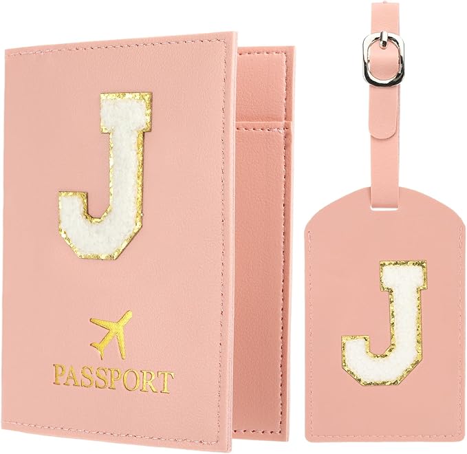 PATIKIL Passport Holder for Travel, Initial Passport Cover and Luggage Tag Set with Alphabet Chenille Letter Patch Travel Wallet Bag Suitcase Identifier for Women Family Travel Pink J