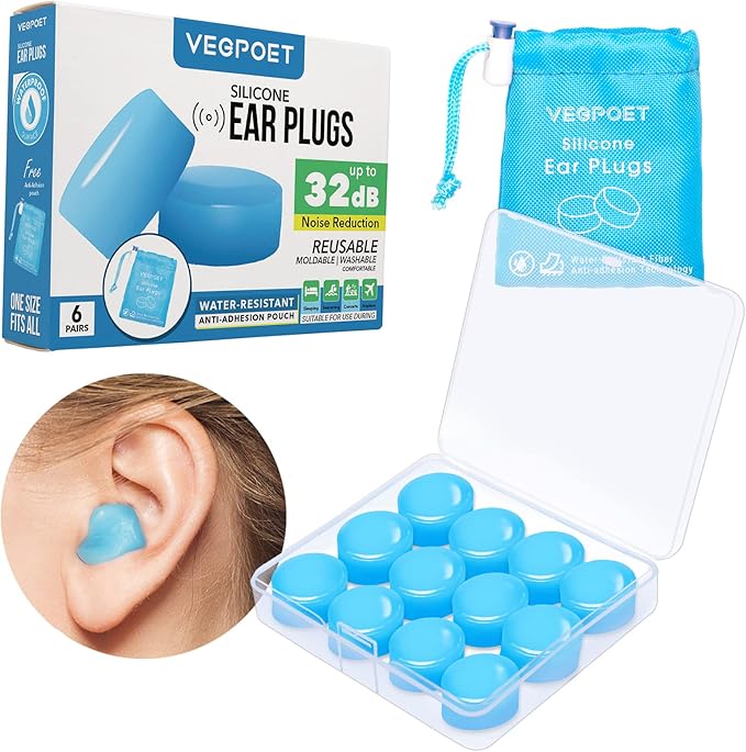 Ear Plugs for Sleeping - Vegpoet Reusable Moldable Silicone Earplugs Noise Cancelling Reduction for Concerts, Swimming, Shooting, Snoring, Airplane, Musicians, Motorcycle, 12 Pack