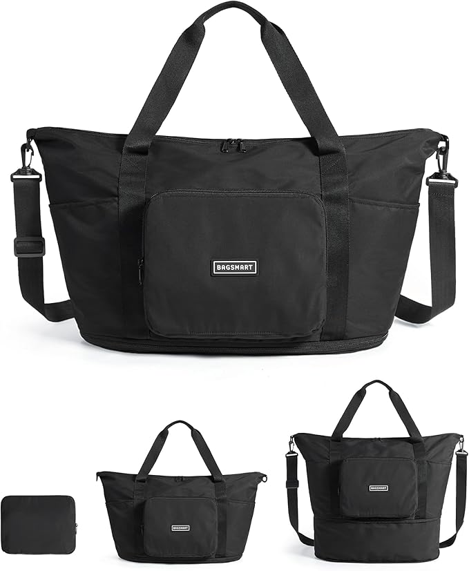 BAGSMART Foldable Travel Bag, 37L Duffle Bag for Travel, Expendable Carry on Weekender Duffel, Lightweight Personal Item Bag, Black