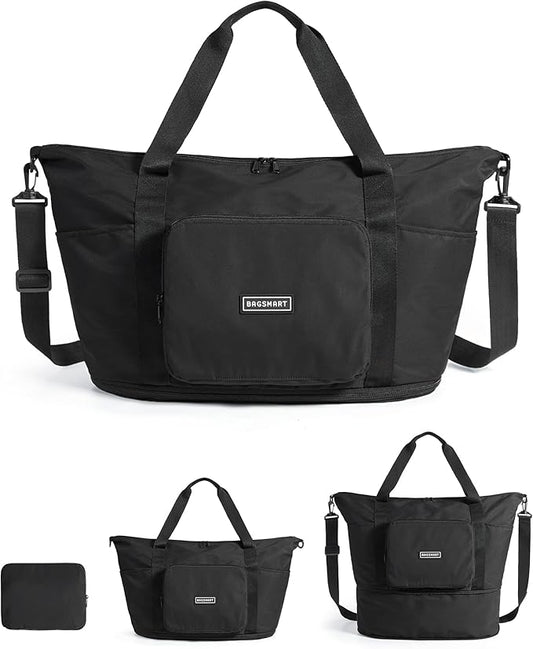 BAGSMART Foldable Travel Bag, 37L Duffle Bag for Travel, Expendable Carry on Weekender Duffel, Lightweight Personal Item Bag, Black