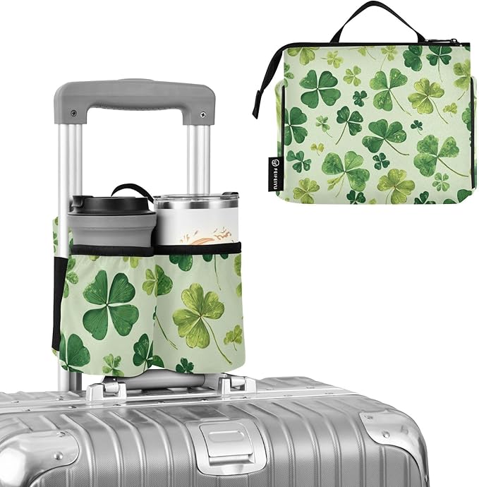 Green Natural St Patrick Clovers Luggage Cup Holder Travel Portable Free Hand Drink Carrier Suitcase Drinks Beverage Holder Carry-On Bottle Mug Holder Organizer Bag Travelers Accessories