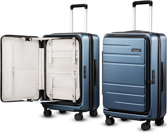 LUGGEX Checked Luggage Top Opening, FLT Expandable Polycarbonate Hard Shell Suitcase with Wheels (FX-Lite, Blue, 24 Inch, 63L-70L)