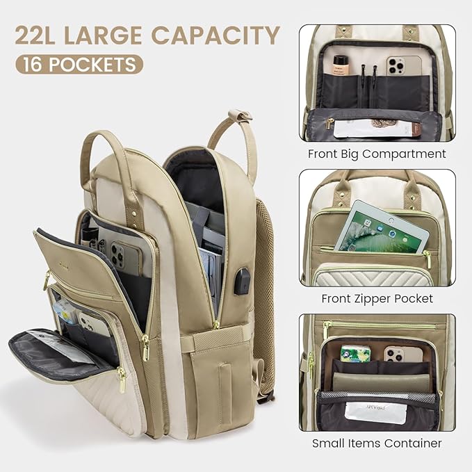 LOVEVOOK 15.6 Inch Laptop Backpack for Women,Large Capacity Work Backpack Purse for Women,Waterproof Travel Day Pack for Teacher Nurse,Khaki-Beige