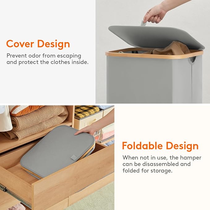 Lifewit 100L Laundry Basket with Lid, Clothes Hampers for Laundry with Bamboo Handles and 1 Removable Bag, Large Foldable Laundry Hamper for Bedroom, Bathroom, Dorm, Laundry Room, Silver Grey