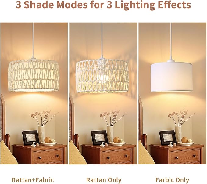 Plug in Pendant Light, Rattan Hanging Lights with Plug in Cord | Woven & Fabric 2 in 1 LampShade, Hanging Lamp Plug in for Bedroom Living Room Kitchen Island-Cream (Bulb Included)