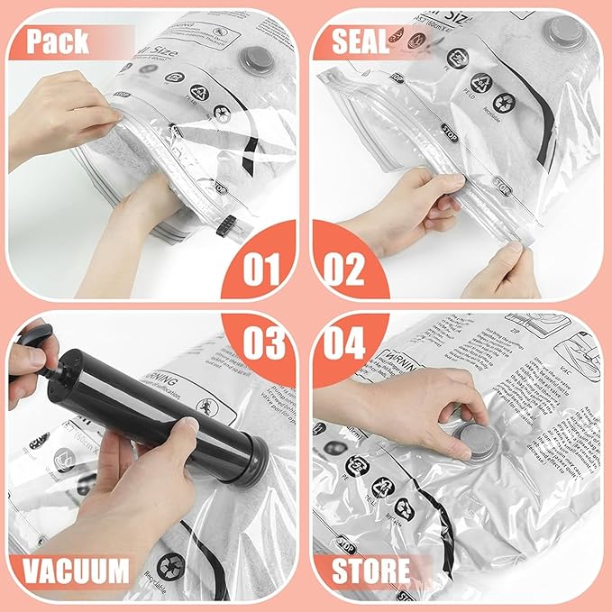 Vacuum Storage Bags, Space Saver Bags, Compression for Comforters and Blankets, Sealer Clothes Storage with Hand Pump. (6× Medium)