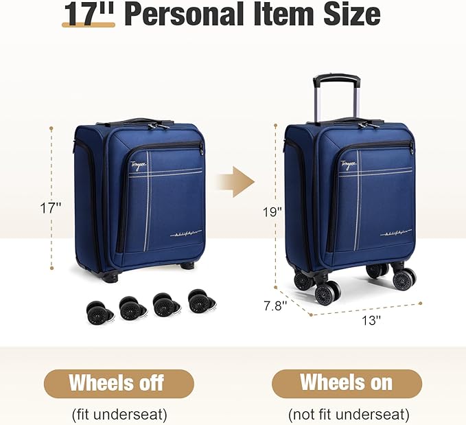 Softside Carry on Luggage Airline Approved, 17 Inch Underseat Carry-on Luggage with Removable Spinner Wheels, Small Personal Item Suitcase for Travel Business (Blue, 17 inch_Underseat)