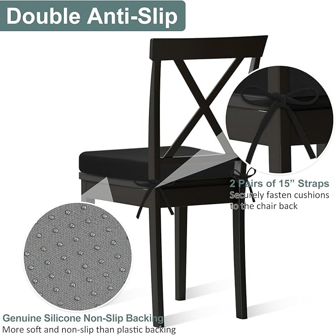 Shinnwa Dining Chair Pads, Patented Design Memory Foam Kitchen Chair Cushions with Ties and Washable Cover, 17" x 16" x 2", Black