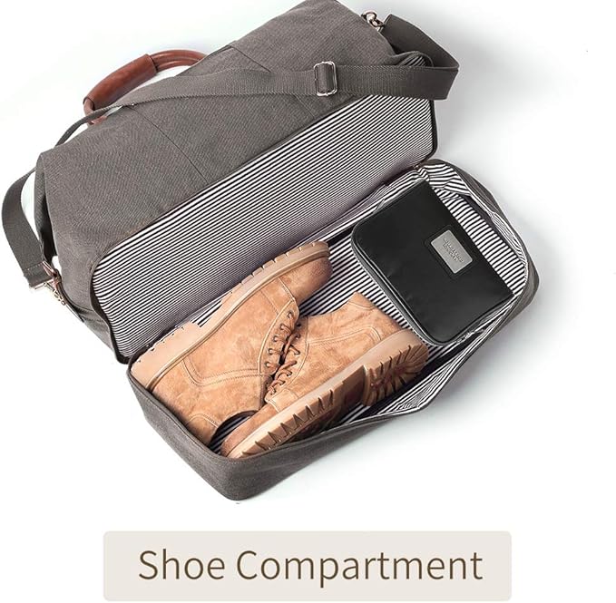 MyMealivos Canvas Weekender Bag, Overnight Travel Carry On Duffel Tote with Shoe Pouch (Grey)