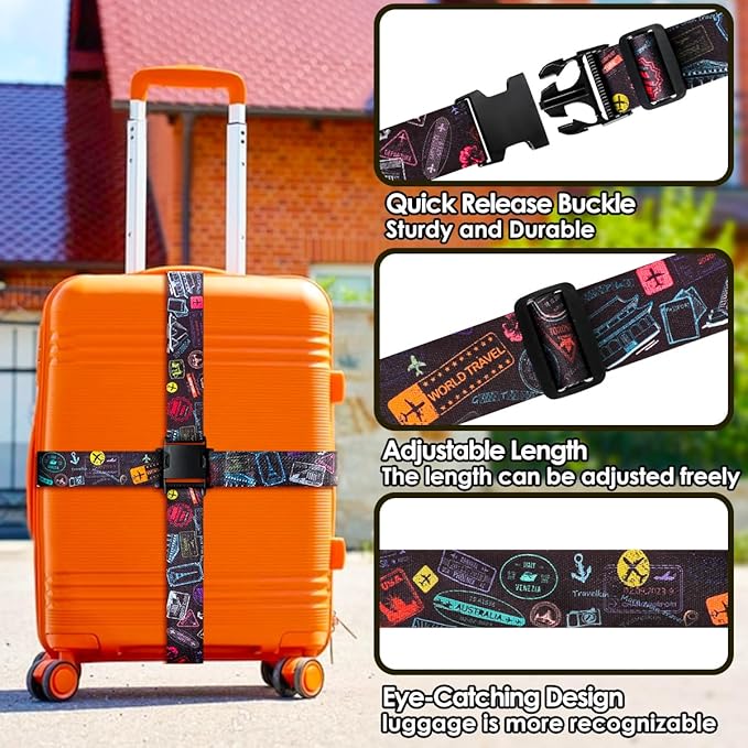 Gutsdoor Luggage Straps for Suitcases Adjustable Travel Belt, Connector Holds Suitcase Bright Colorful Identifiers Travel Bag Accessories (Airplane Black)