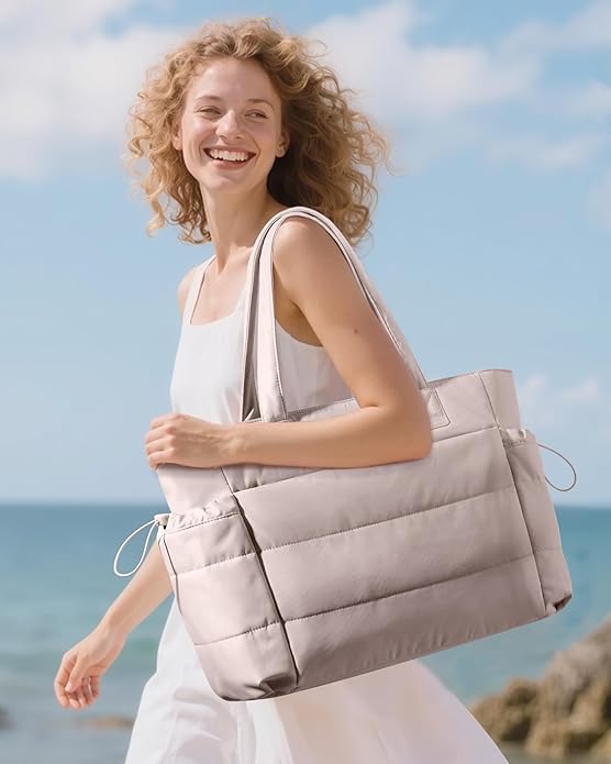 LOVEVOOK Tote Bag for Women with Giant Tumbler Holder Pocket, Puffer Work Travel Laptop Handbag with Zipper for Nurse Teacher