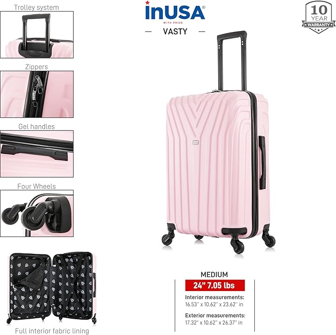 InUSA VASTY Luggage with Spinner Wheels | Durable Lightweight Hardside Suitcase Travel Bag with Handle and Trolley 24-Inch Medium Checked Luggage | Pink