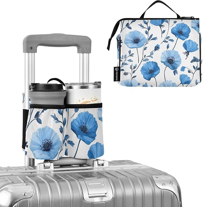 Blue Poppy Flowers and Branches Luggage Cup Holder Travel Portable Free Hand Drink Carrier Suitcase Drinks Beverage Holder Carry-On Bottle Mug Holder Organizer Bag Travelers Accessories