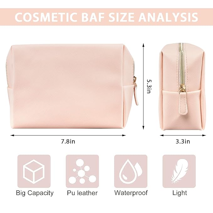 GFU Makeup Bag Large Travel Zipper Cosmetic Pouch, Water Resistant PU Leather Toiletry Organizer for Women and Girls, Light Champagne Pink