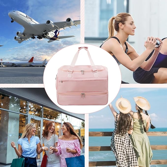 Carry On Travel Duffel Bag for Women & Men,Overnight Weekender Bag with Shoe Compartment,Trolley Sleeve and Adjustable Shoulder Strap,Business & Weekend Travel,Gym,Sports,Yoga & Dance (Pink)