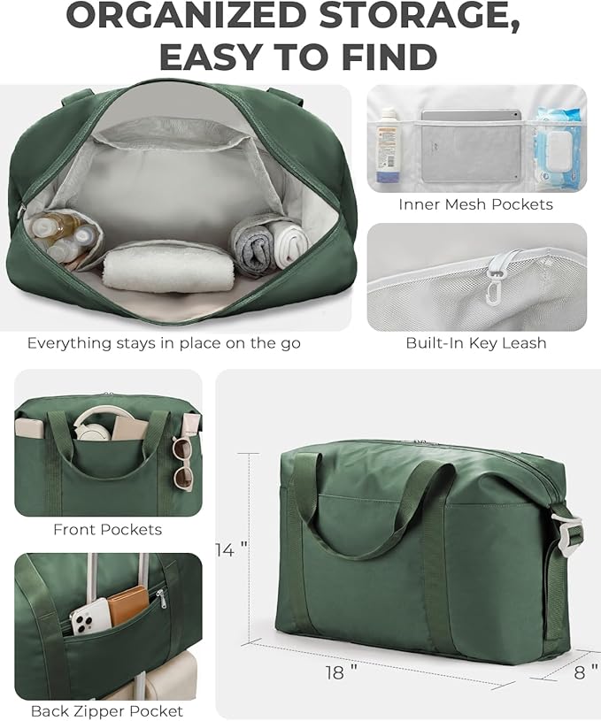 Percover Weekender Travel Duffel Bag for Women, Lightweight Soft-Structure 33L Carry-On, Water-Resistant Nylon with Shoulder Strap & Trolley Sleeve, Personal Item Friendly, Forest Green