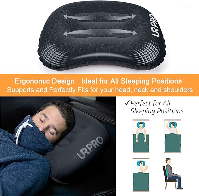 Ultralight Inflatable Camping Travel Pillow - Compressible, Compact, Comfortable, Ergonomic Inflating Pillows for Neck & Lumbar Support Camp, Hiking, Backpacking Black