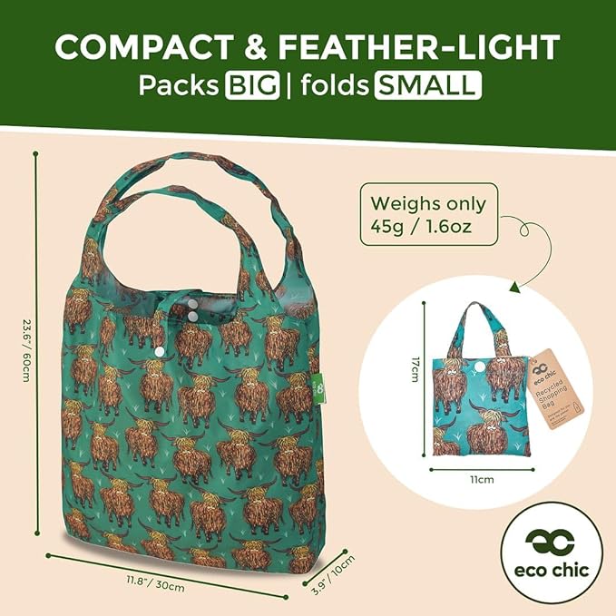 ECO CHIC Foldable Reusable Grocery Bags - Lightweight, Recycled & Reusable Shopping Bag - Waterproof Packable Tote