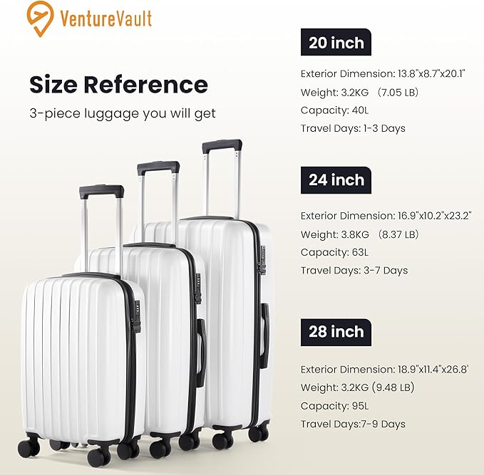 Luggage Sets 3 Piece, Hardside Lightweight Suitcase sets with Spinner Wheels, Large Checked Travel Suitcase for Family Travel，Suitcases Sets 20 24 28 Inch, WHITE