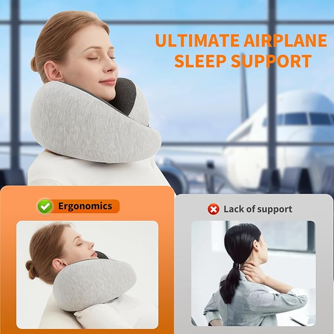 Travel Neck Pillow Airplane, Memory Foam Travel Pillows for Comfort on Sleeper Hold Compact and Ergonomic Design for Traveling Car Rides Home Road Trip Essentials for Adults and Kids (Grey)