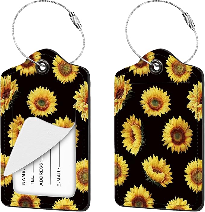 2 Pcs Luggage Tag for Suitcases, Cute Sunflower PU Leather Suitcase Tag Privacy Cover ID Label with Metal Loop, Personalized Baggage Identifier for Women Cruise Bag Travel Essentials Black
