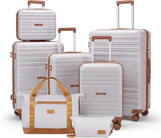 Luggage Sets with spinner wheels, PC+ABS Hard Shell Travel Luggage,Lightweight Carry-on suitcases with TSA Lock,YKK Zippers (Light purple, 7 piece sets（14/18/20/24/28/DB/TB）)