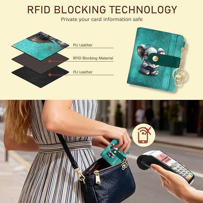 Jogjam Elephant Rfid Women Wallet, Small Slim Thin Credit Card Wallet, PU Leather Bifold Cash Zipper Coin Pocket ID Window for Female Ladies Teen Girls Girly