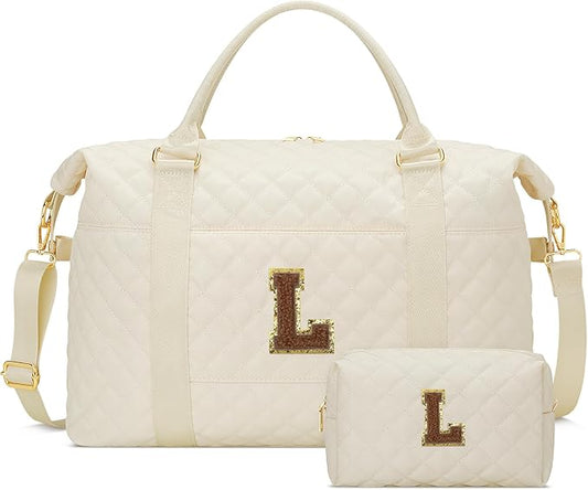 Gifts for Women, Initial Travel Duffle Bag, Personalized Weekender Overnight Bags, Gift for Mom Friend College Girl Graduation Teacher（Beige,L)