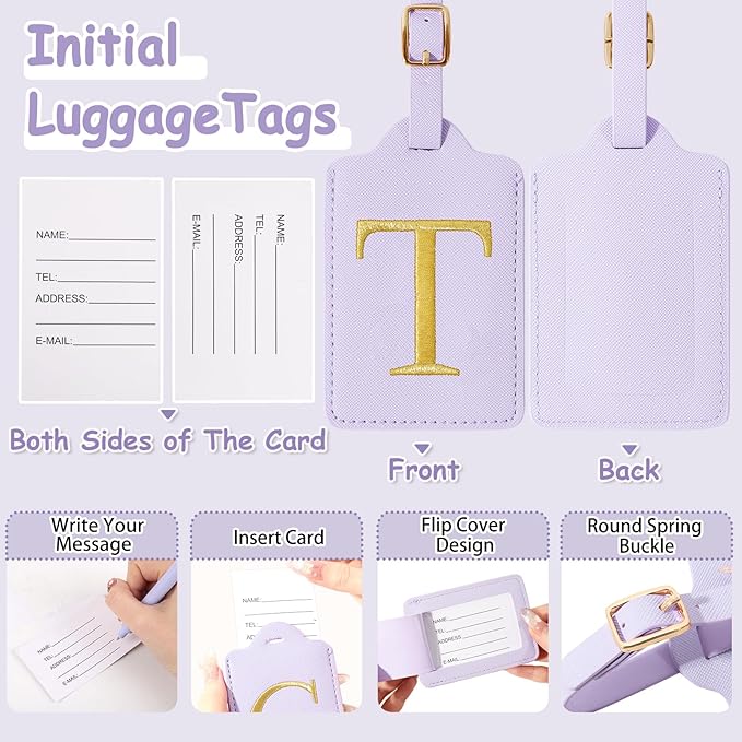 Initial Letter Luggage Tag for Suitcase, Cute Luggage Bag, Waterproof PU Leather Travel Luggage Tag, Suitcase Identifier Name Tag, Monogrammed Suitcases Tags, Bag Tags for Handbags(Purple T)